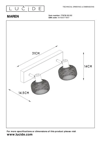 Lucide MAREN - Ceiling spotlight - 2xE14 - Matt Gold / Brass - technical